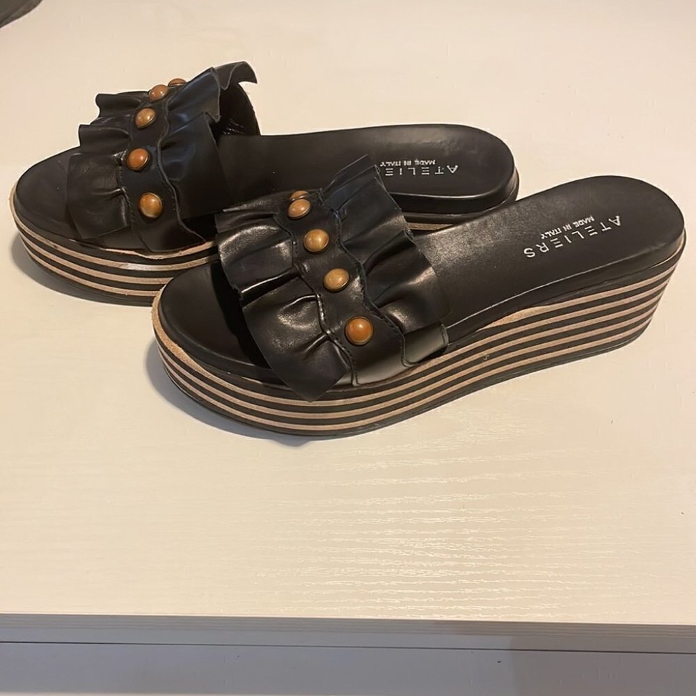 ATELIERS platform striped ruffle studded leather sandal made in Italy sz 39
